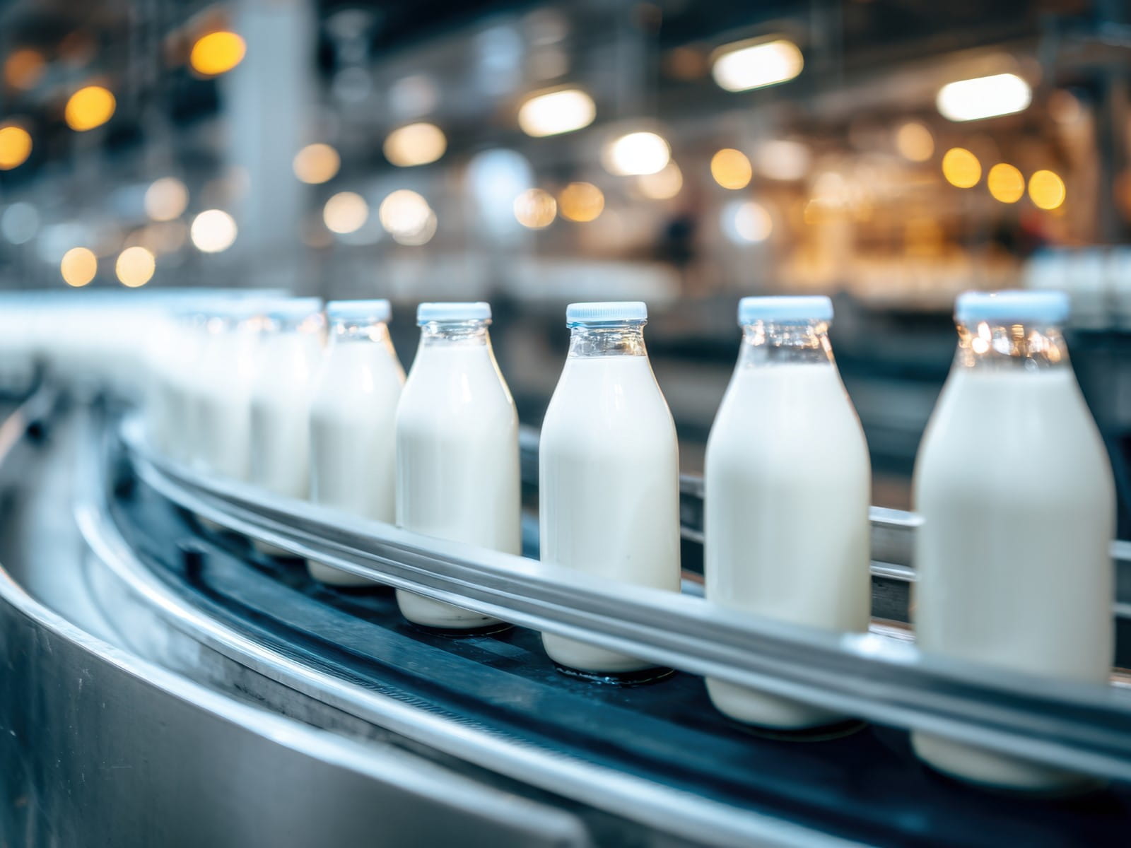 Industrial milk production line with glass bottles moving on a conveyor belt in a dairy processing plant