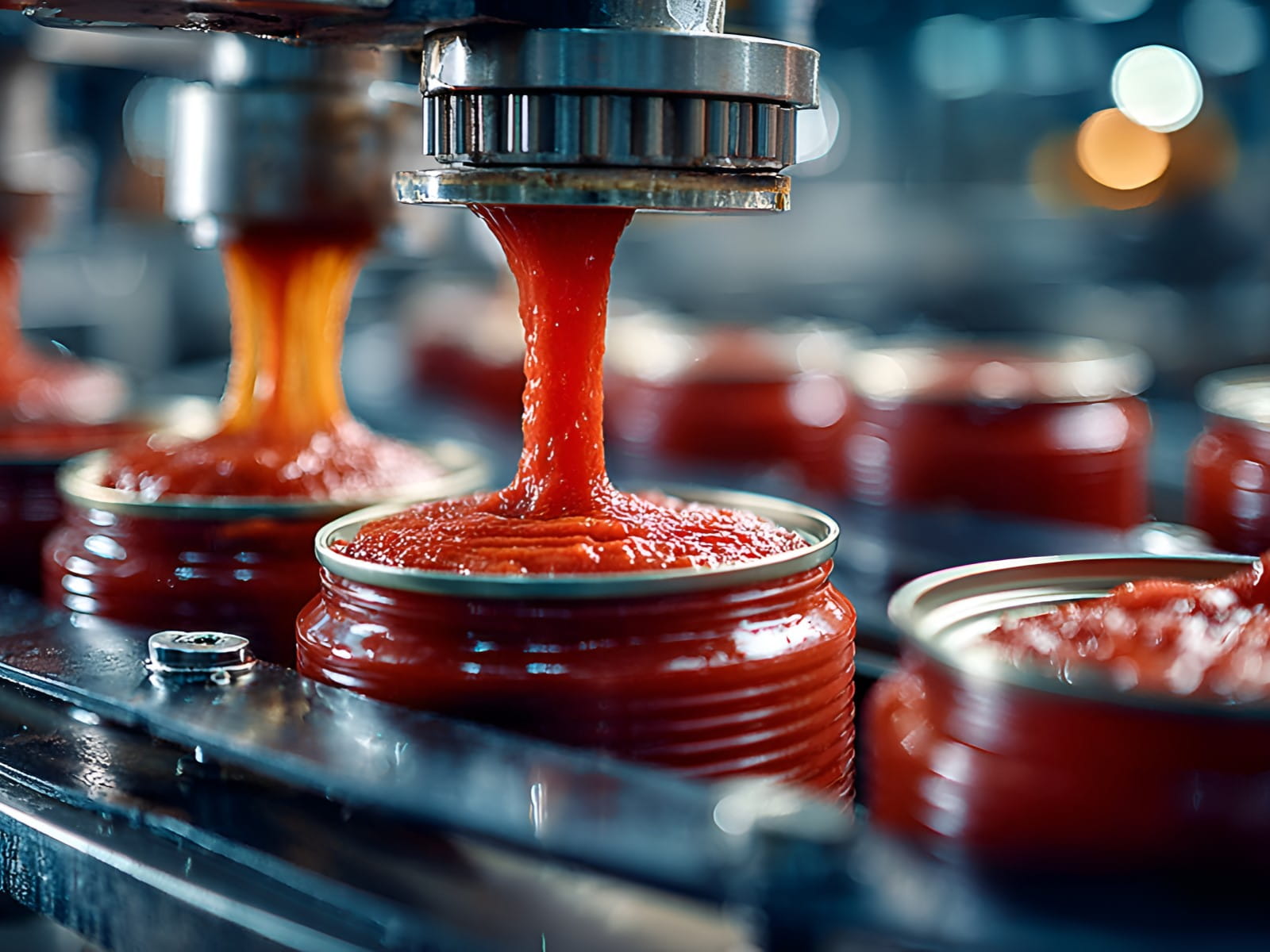 Automated industrial machinery pours vibrant red tomato sauce into metallic cans on a conveyor belt in a food production factory environment