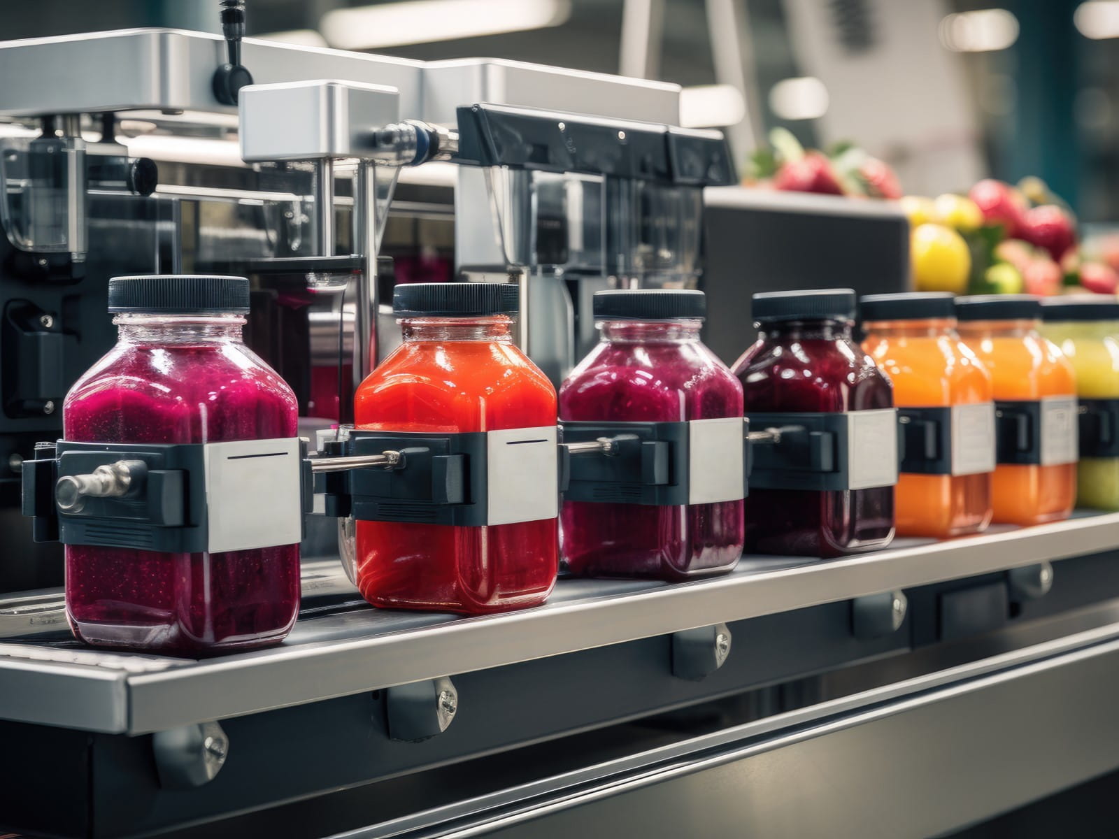 Modern production line for bottling and packaging natural juices and drinks. 