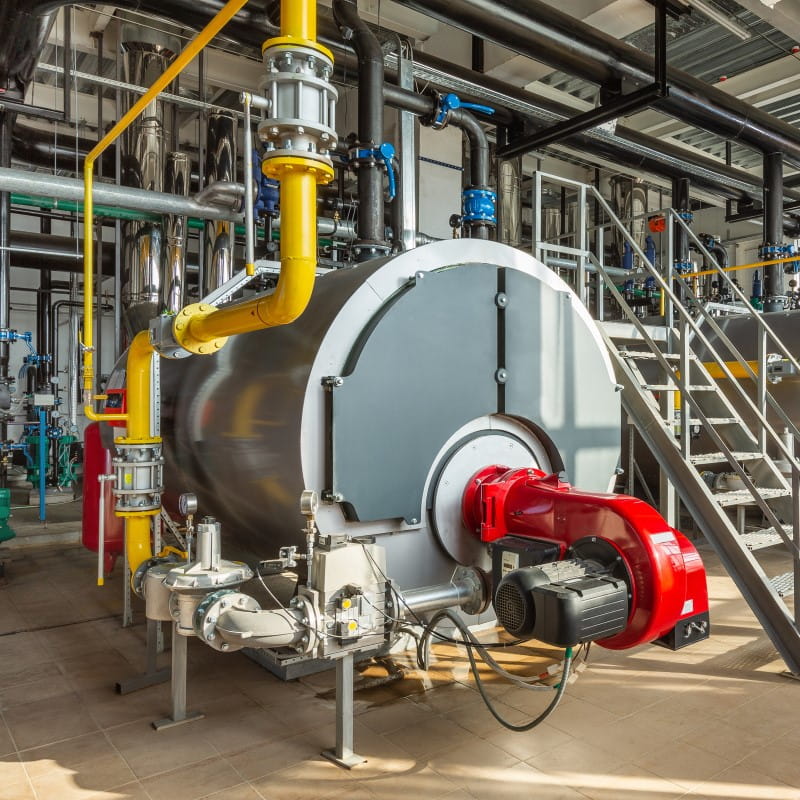 The interior of an industrial boiler room with three large boilers, many pipes, valves and sensors