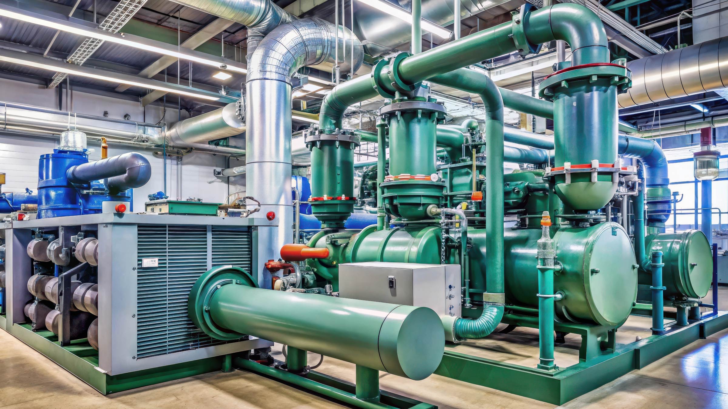 Centrifugal chiller system in operation with pumps and condenser