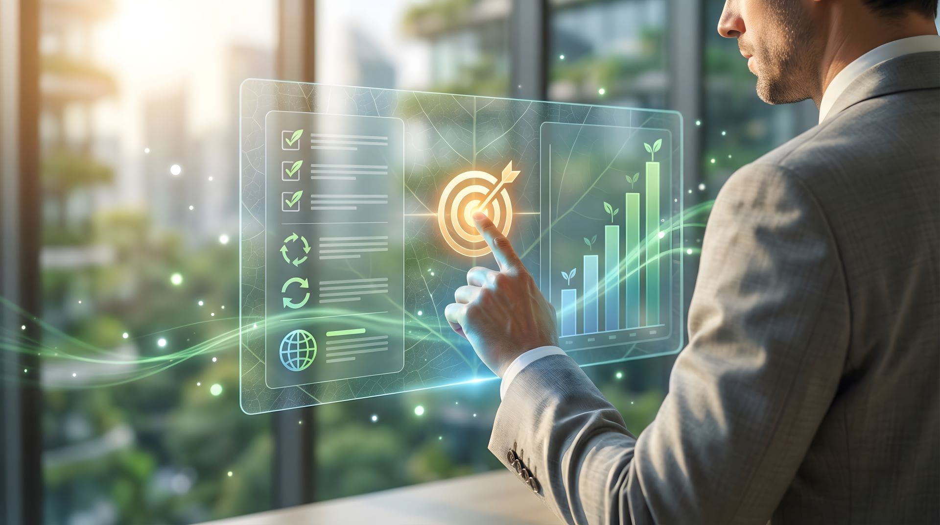 Businessman Analysing Sustainable Growth Target on Holographic Dashboard