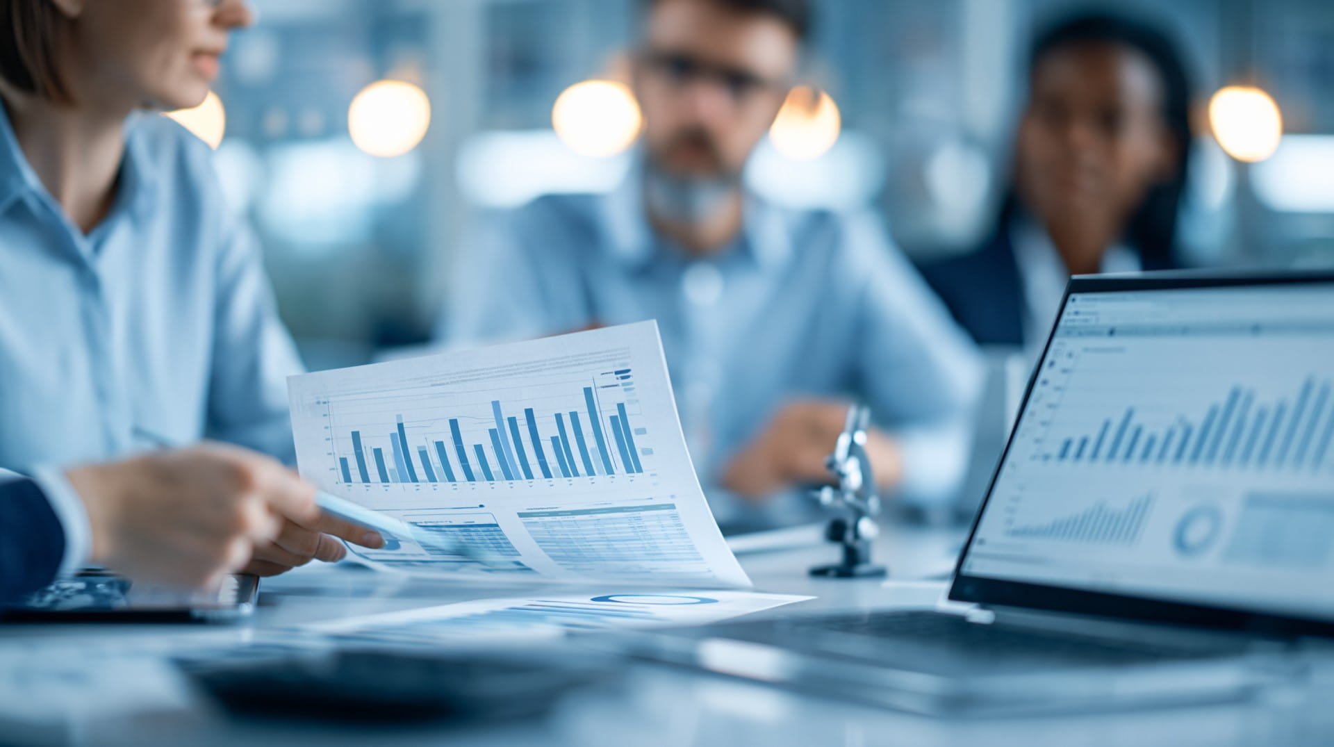 Business team in a glass conference room reviewing financial dashboards, sharing printed reports and discussing performance trends