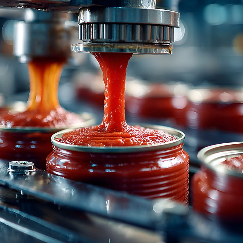 Automated industrial machinery pours vibrant red tomato sauce into metallic cans on a conveyor belt in a food production factory environment